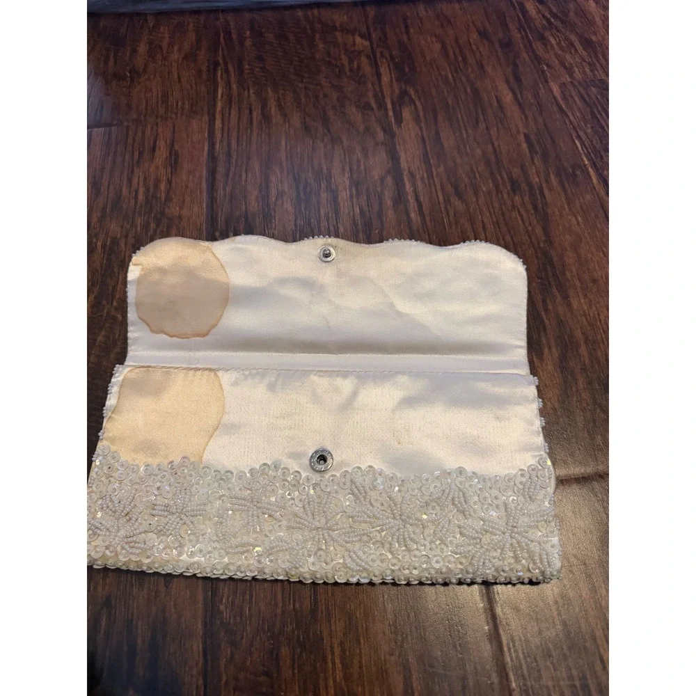Vintage Beaded Sequin Ivory Satin Clutch Bag Floral Evening Purse Hong Kong